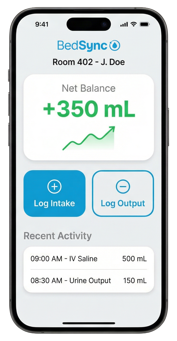 BedSync app showing real-time fluid balance tracking on iPhone