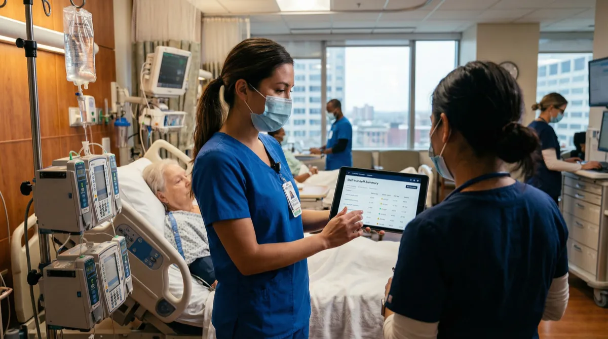 Nurses reviewing shift handoff report on tablet